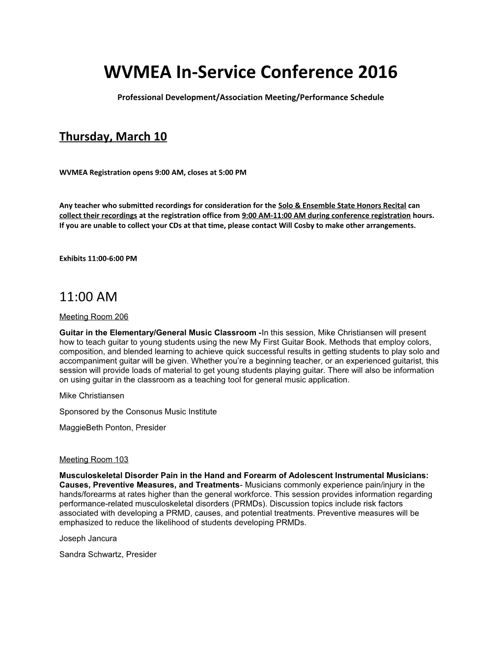 Professional Development/Association Meeting/Performance Schedule