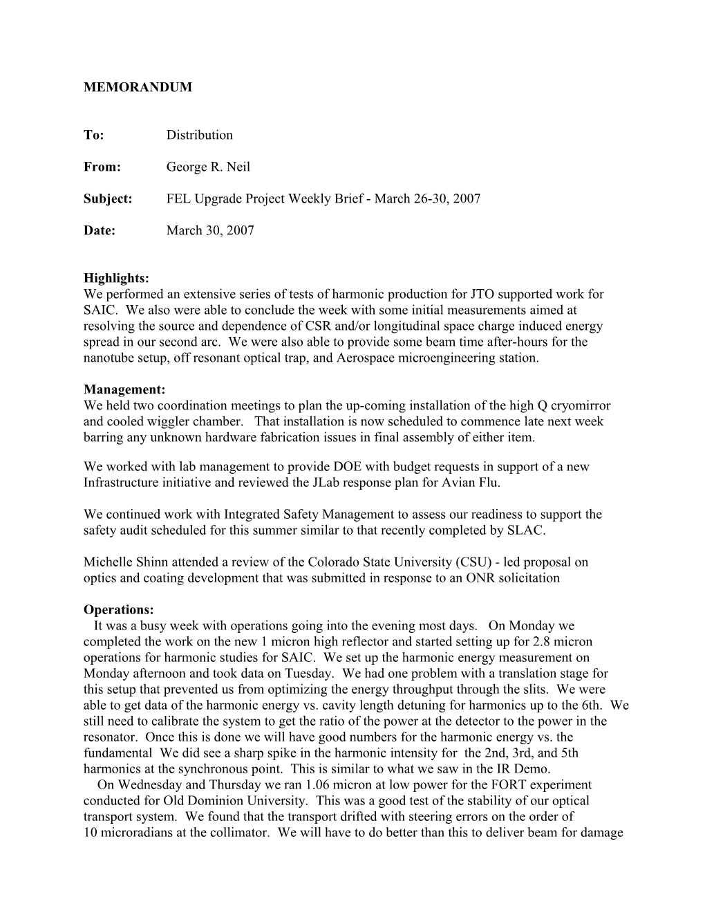 Subject:FEL Upgrade Project Weekly Brief - March 26-30, 2007