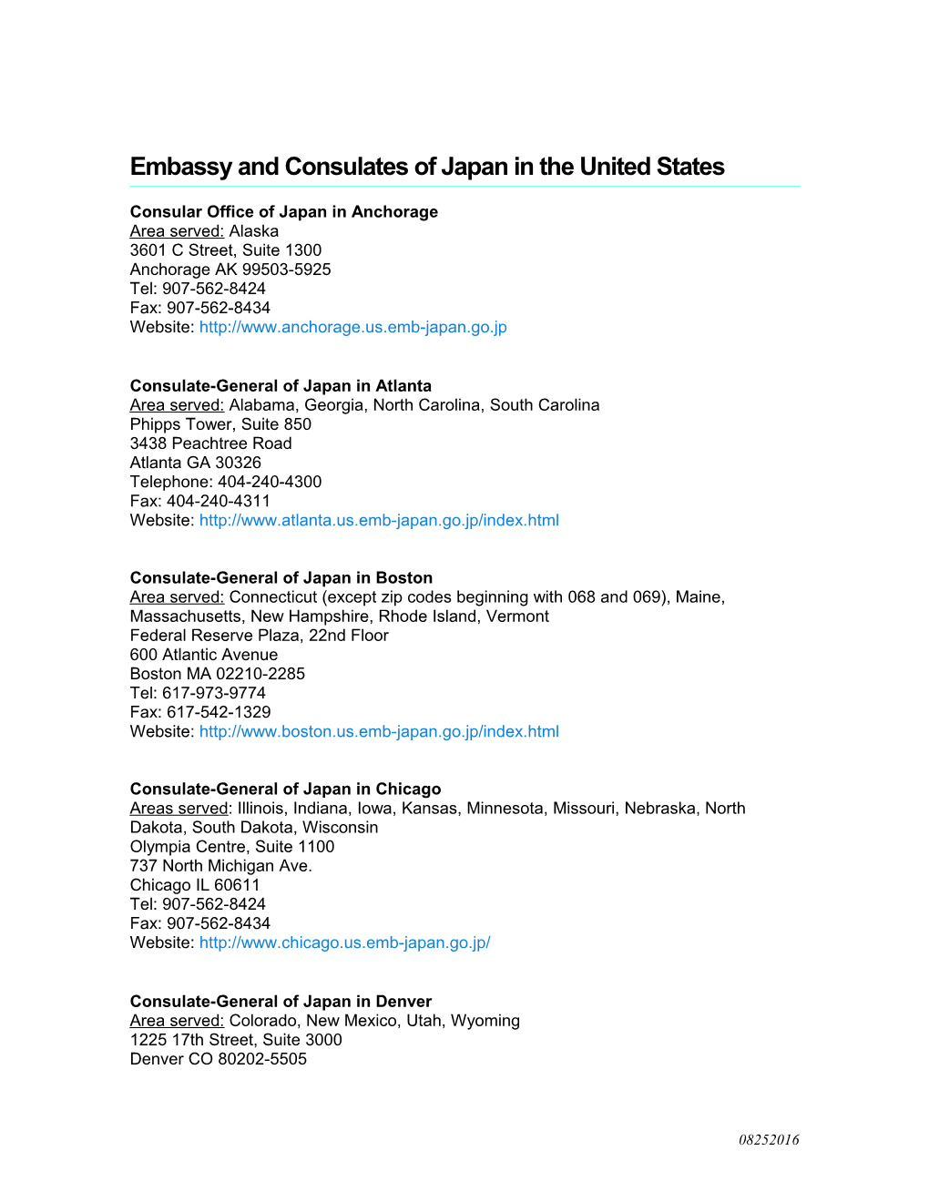 Embassy and Consulates of Japan in the United States