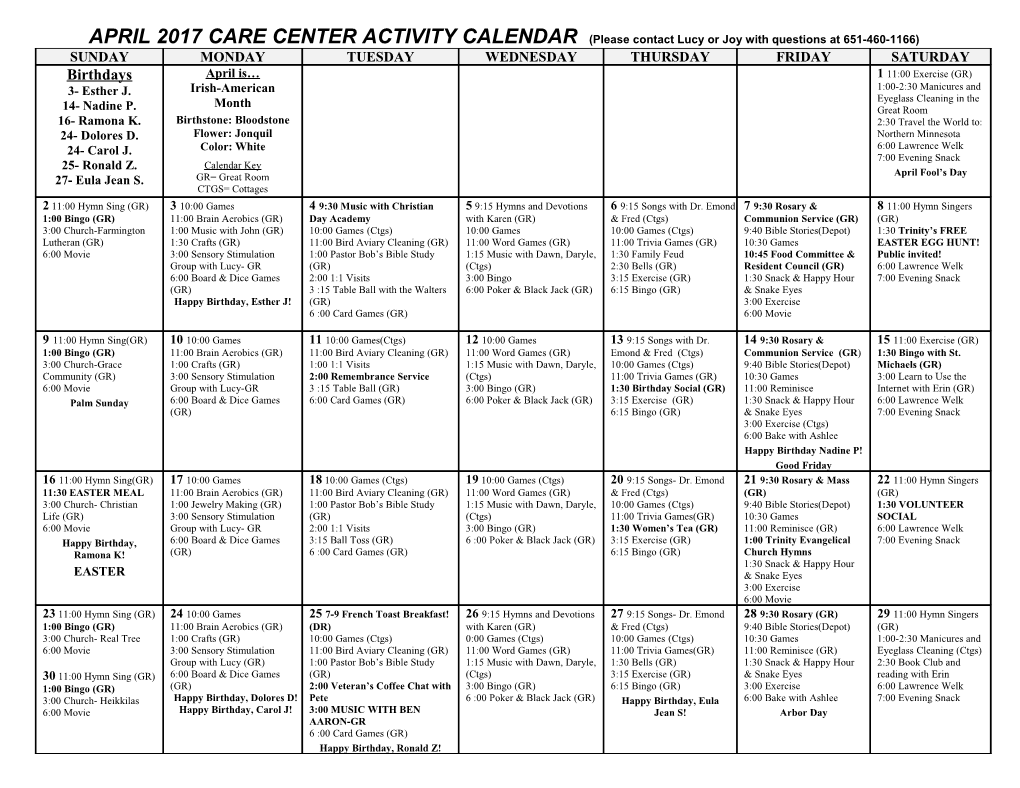 APRIL2017CARE CENTER ACTIVITY CALENDAR (Please Contact Lucy Or Joy with Questions At