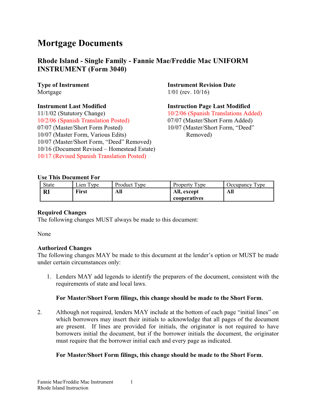 Instructions: Rhode Island Security Instrument (Form 3040)