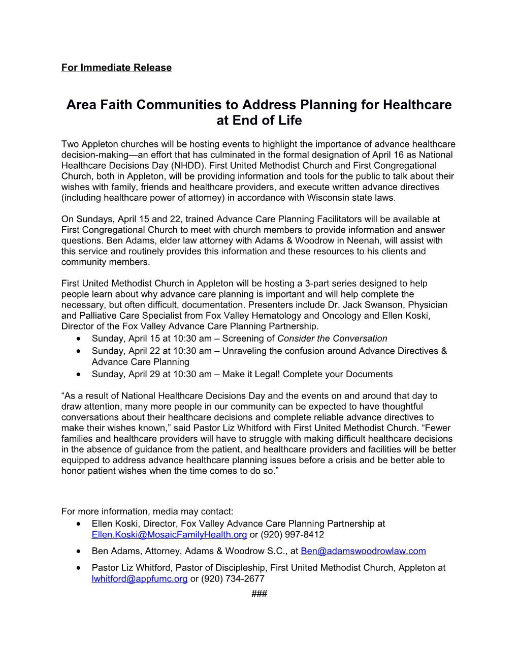 Area Faith Communities to Address Planning for Healthcare at End of Life