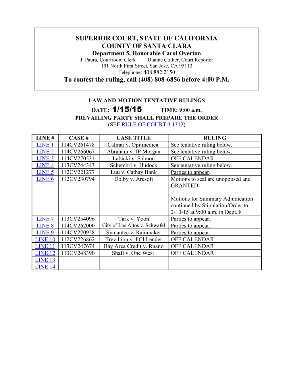 Law and Motion Tentative Rulings