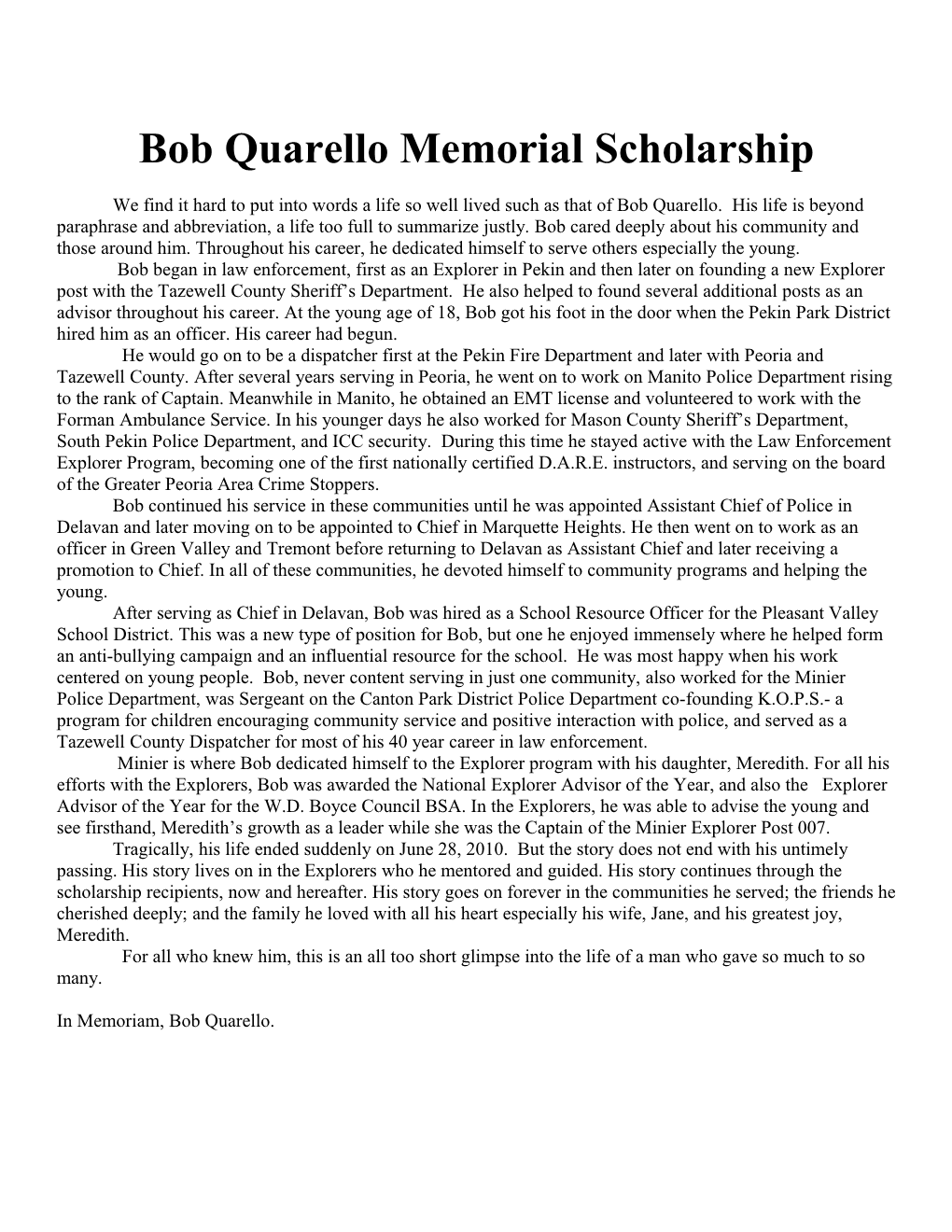 Bob Quarello Memorial Scholarship