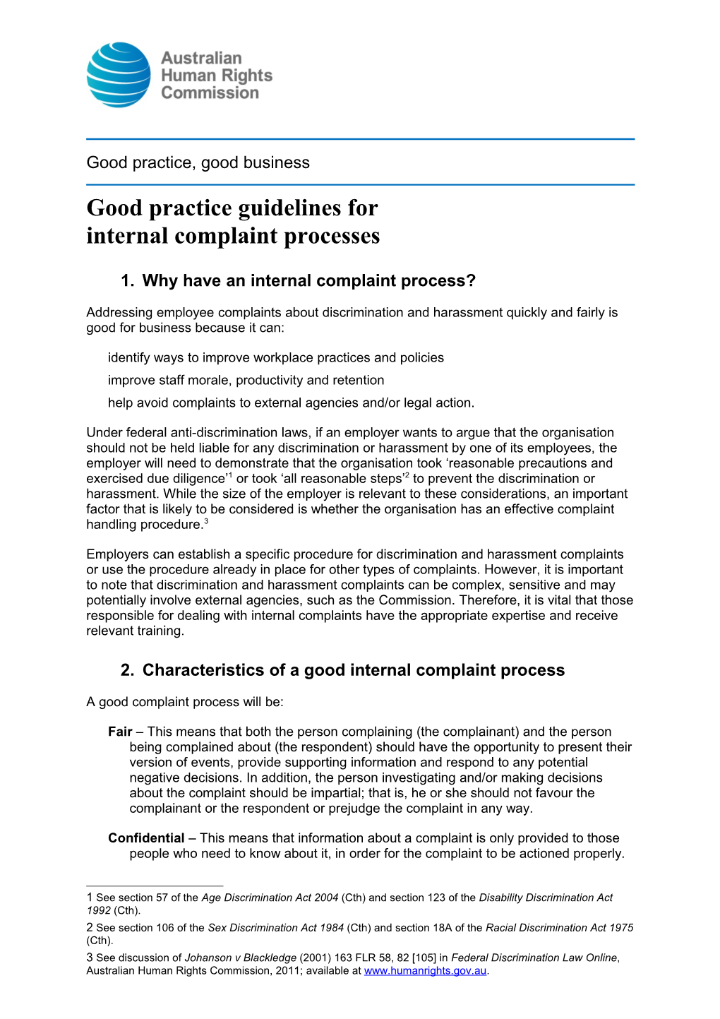 Good Practice Guidelines for Internal Complaint Processes