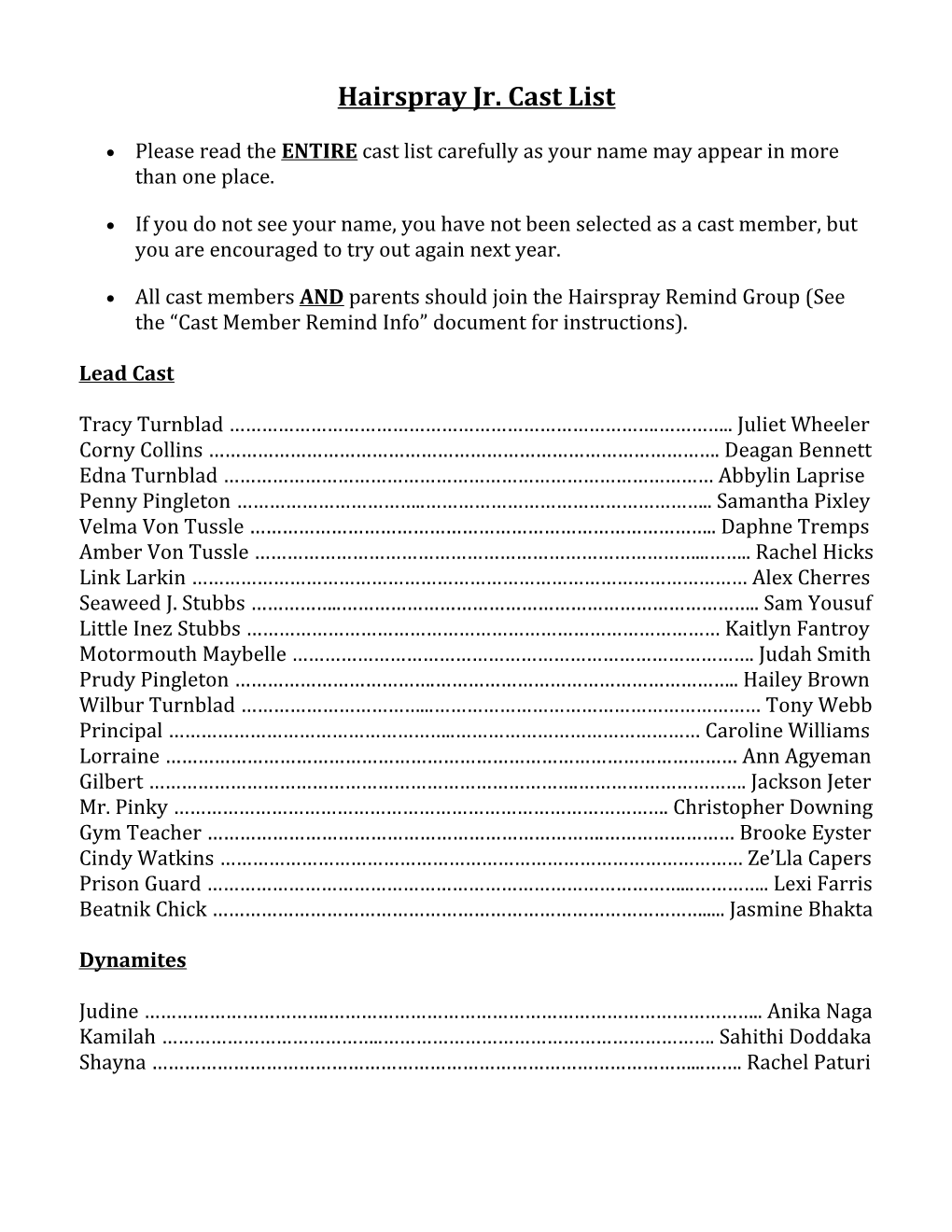 Hairspray Jr. Cast List