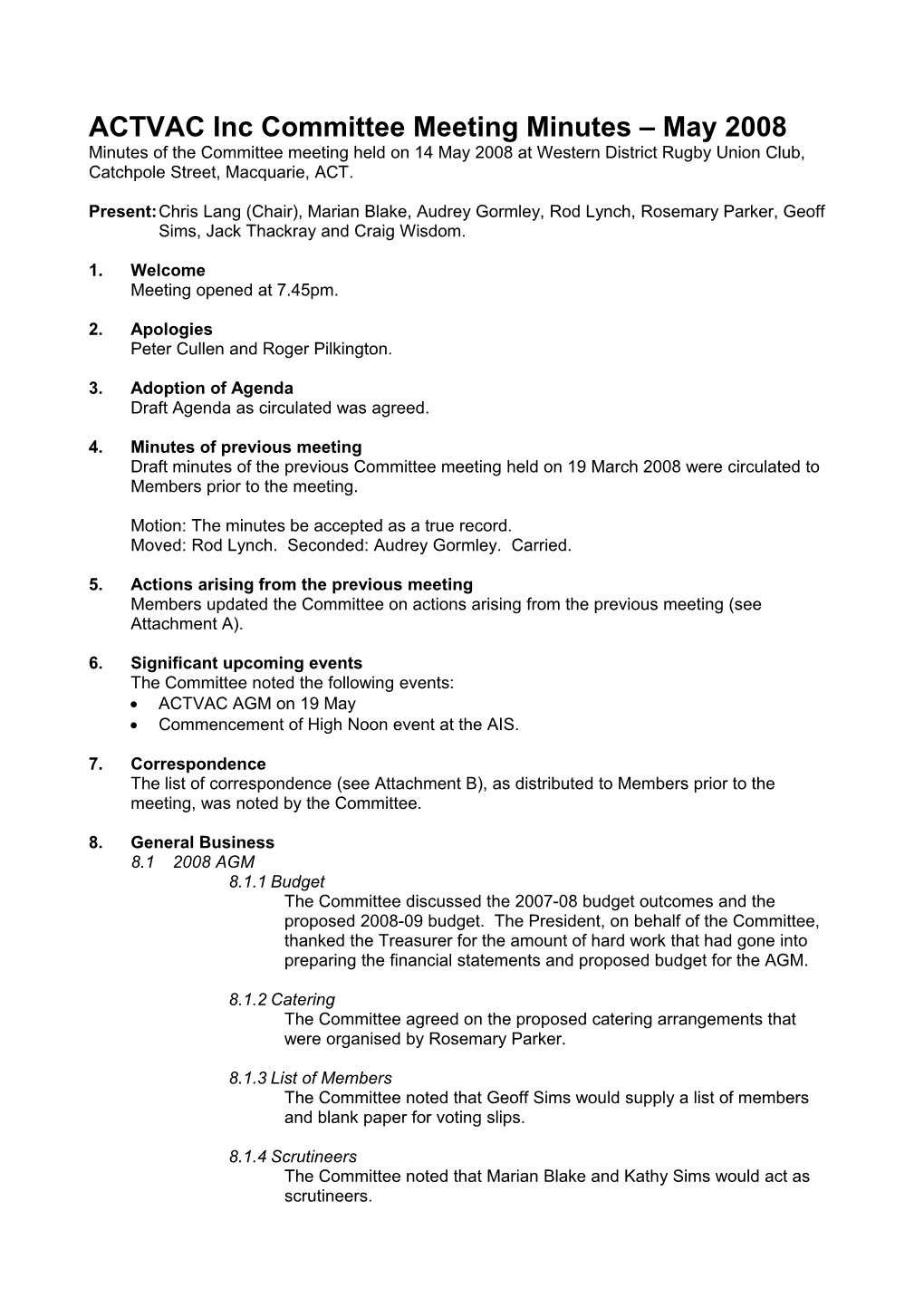 ACTVAC Inc Committee Meeting Minutes May 2008