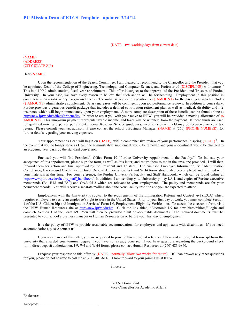 PU Mission Dean of ETCS Template Updated 3/14/14