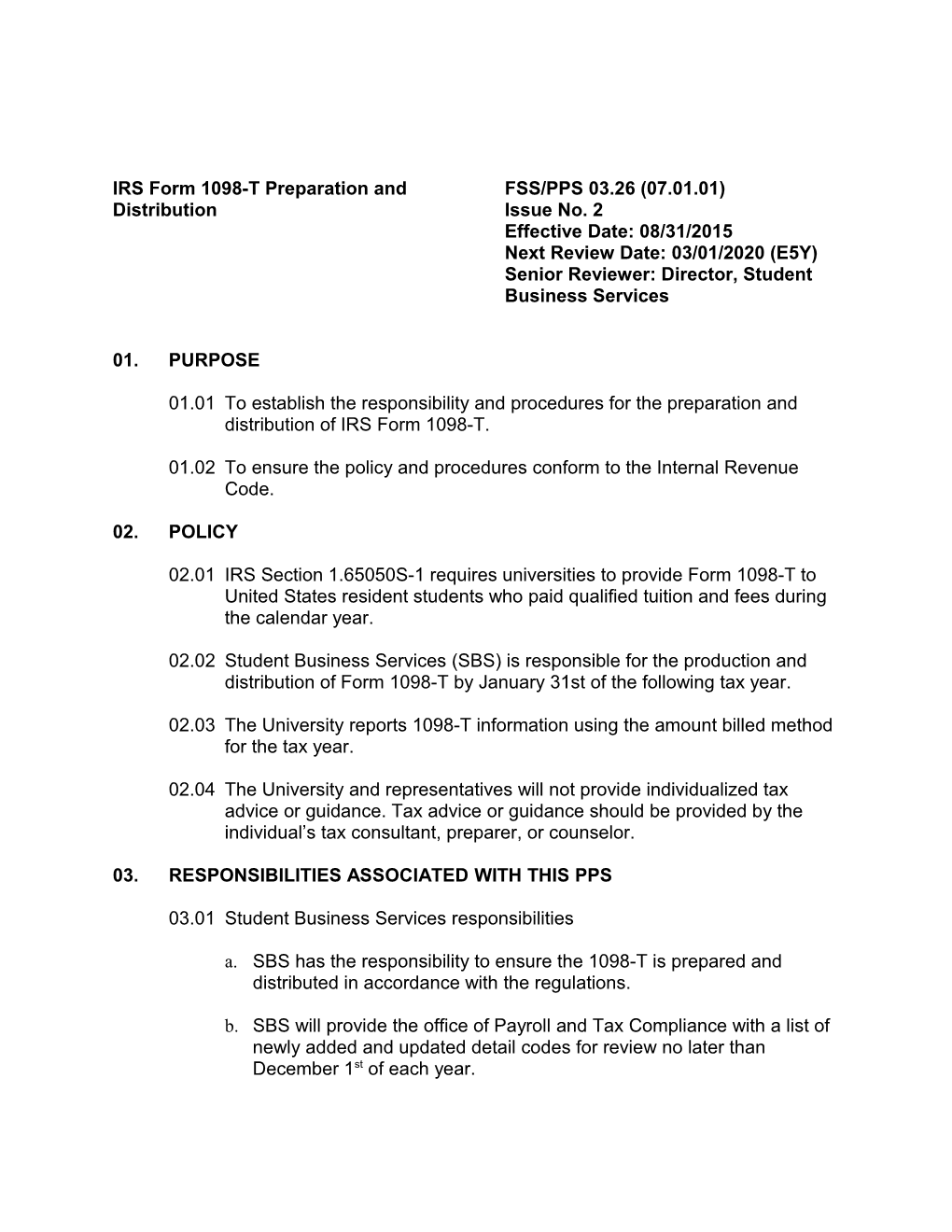 IRS Form 1098-T Preparation Andfss/PPS 03.26 (07.01.01)