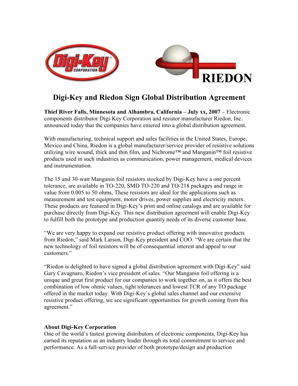 Digi-Key and Riedon Sign Global Distribution Agreement