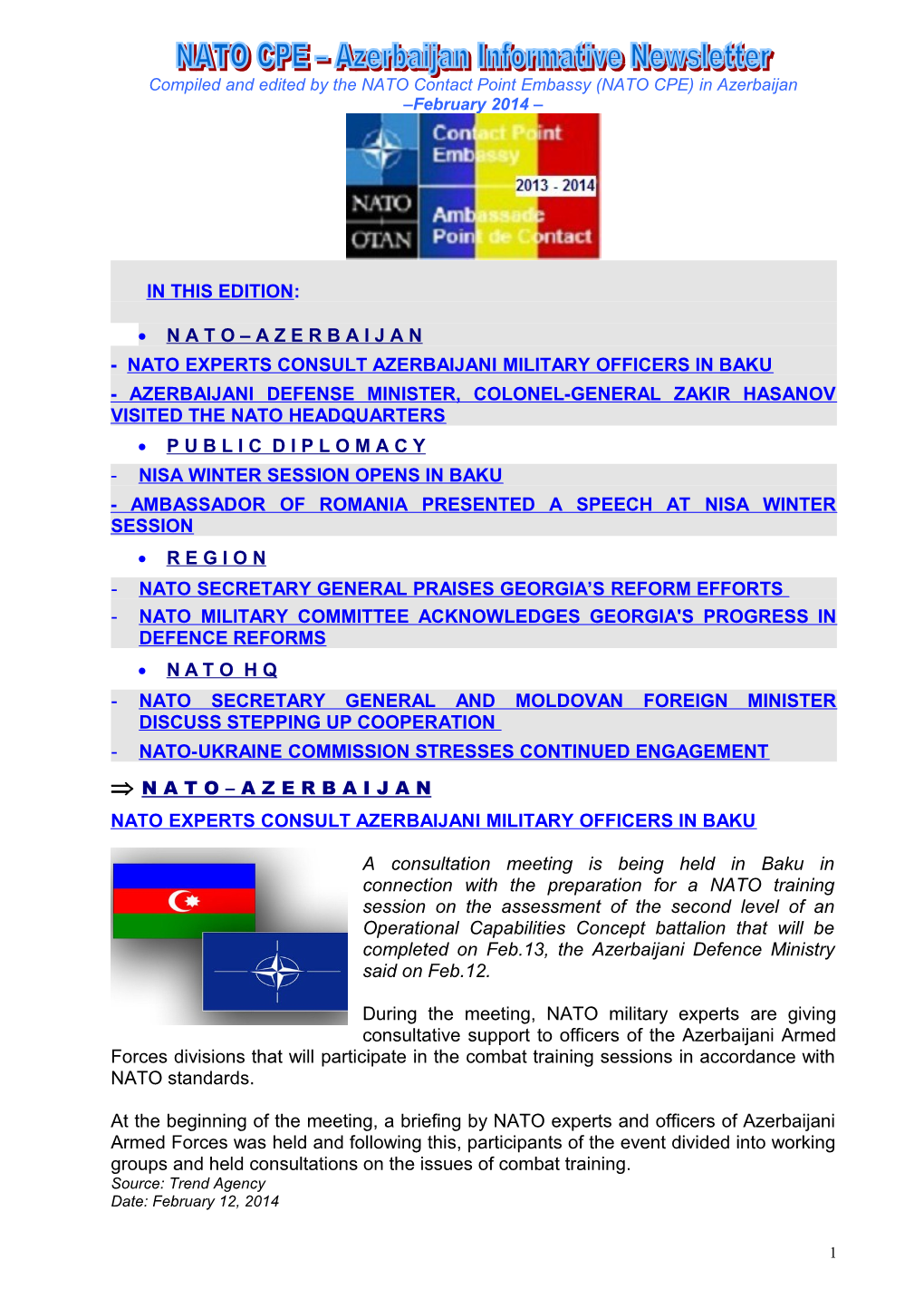 Compiled and Edited by the NATO Contact Point Embassy (NATO CPE) in Azerbaijan