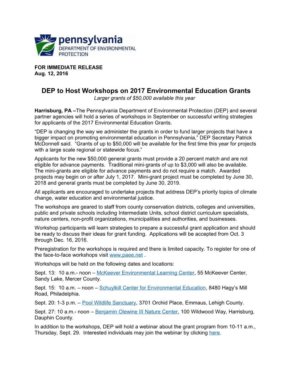 DEP to Host Workshopson 2017 Environmental Education Grants