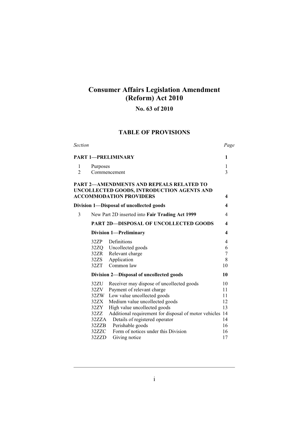 Consumer Affairs Legislation Amendment (Reform) Act 2010