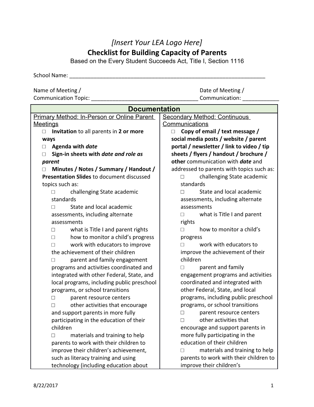 Checklist for Building Capacity of Parents
