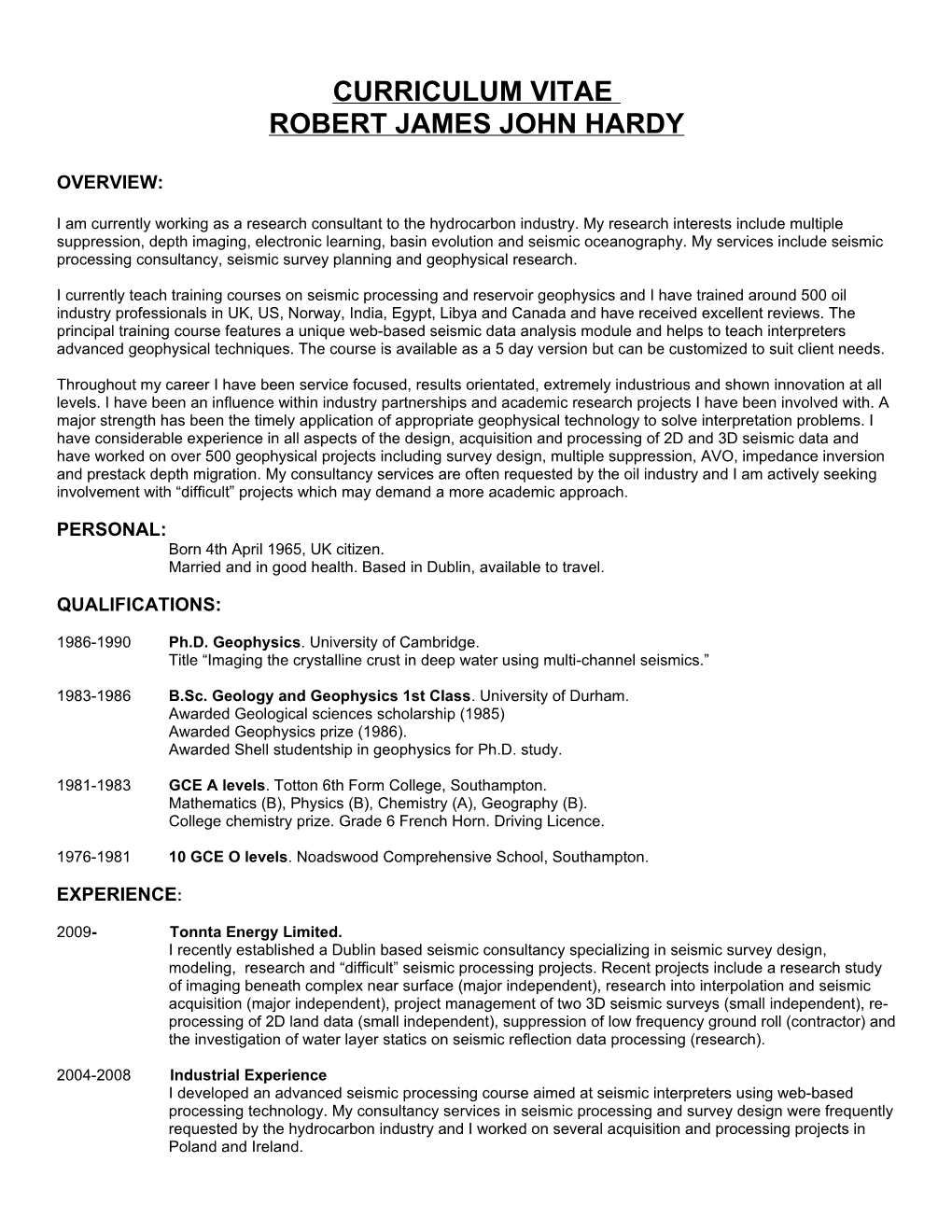 Curriculum Vitae: Robert James John Hardy Page 1 of 4