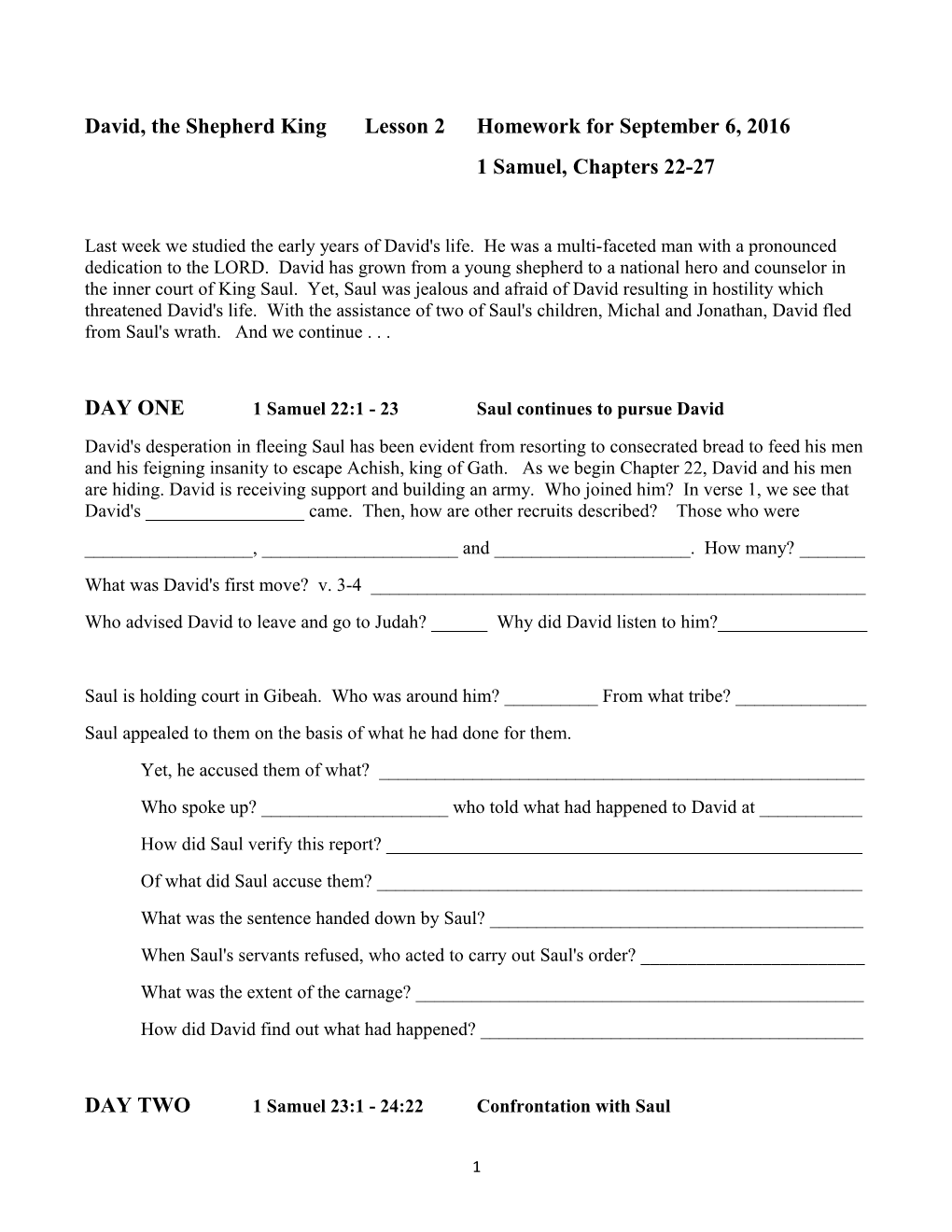 David, the Shepherd Kinglesson 2Homework for September 6, 2016