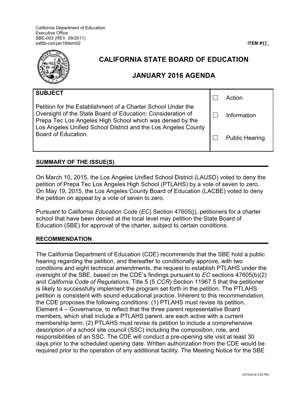 January 2016 Agenda Item 17 - Meeting Agendas (CA State Board of Education)