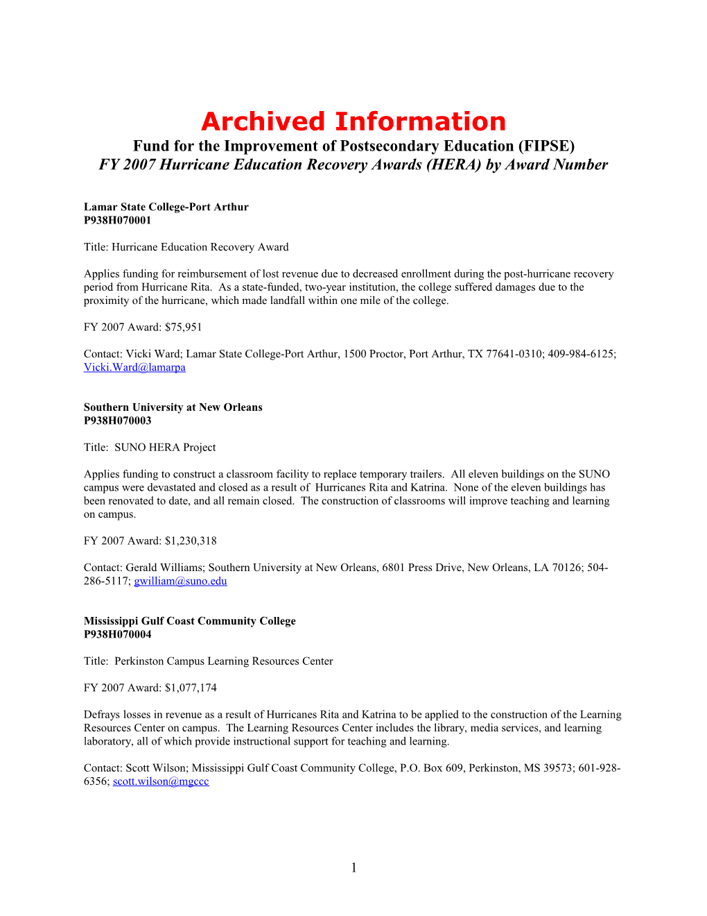 Archived: FY 2007 Project Abstracts for Hurricane Education Recovery Awards (MS Word)