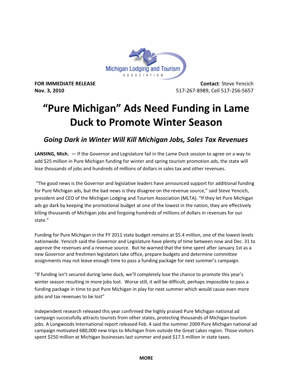 Fund Pure Michigan in Lame Duck