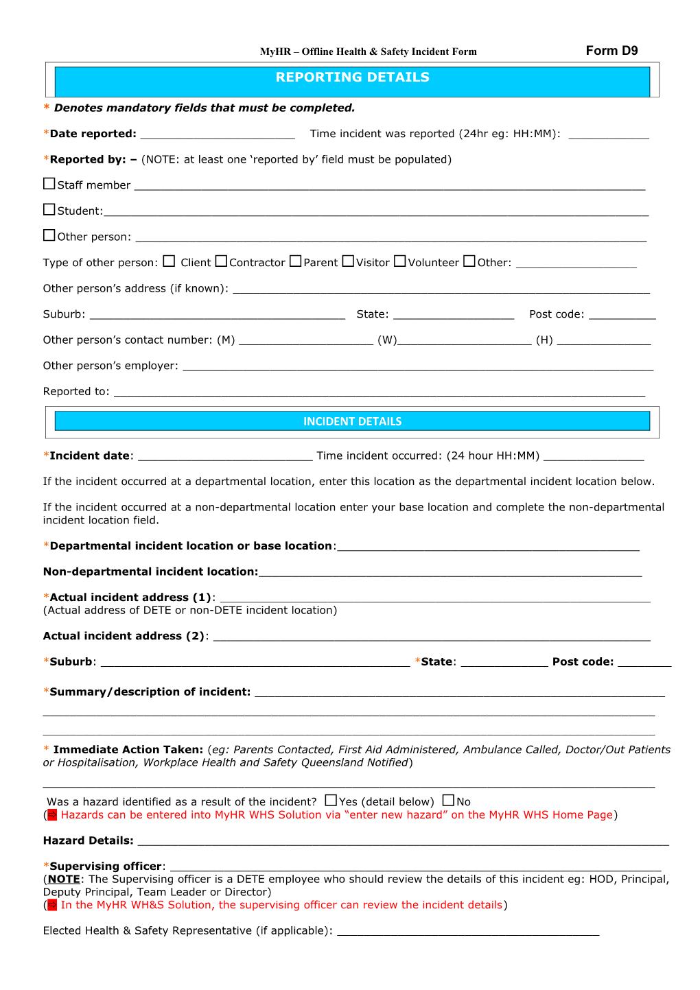 Myhr Offline Health & Safety Incident Form Form D9