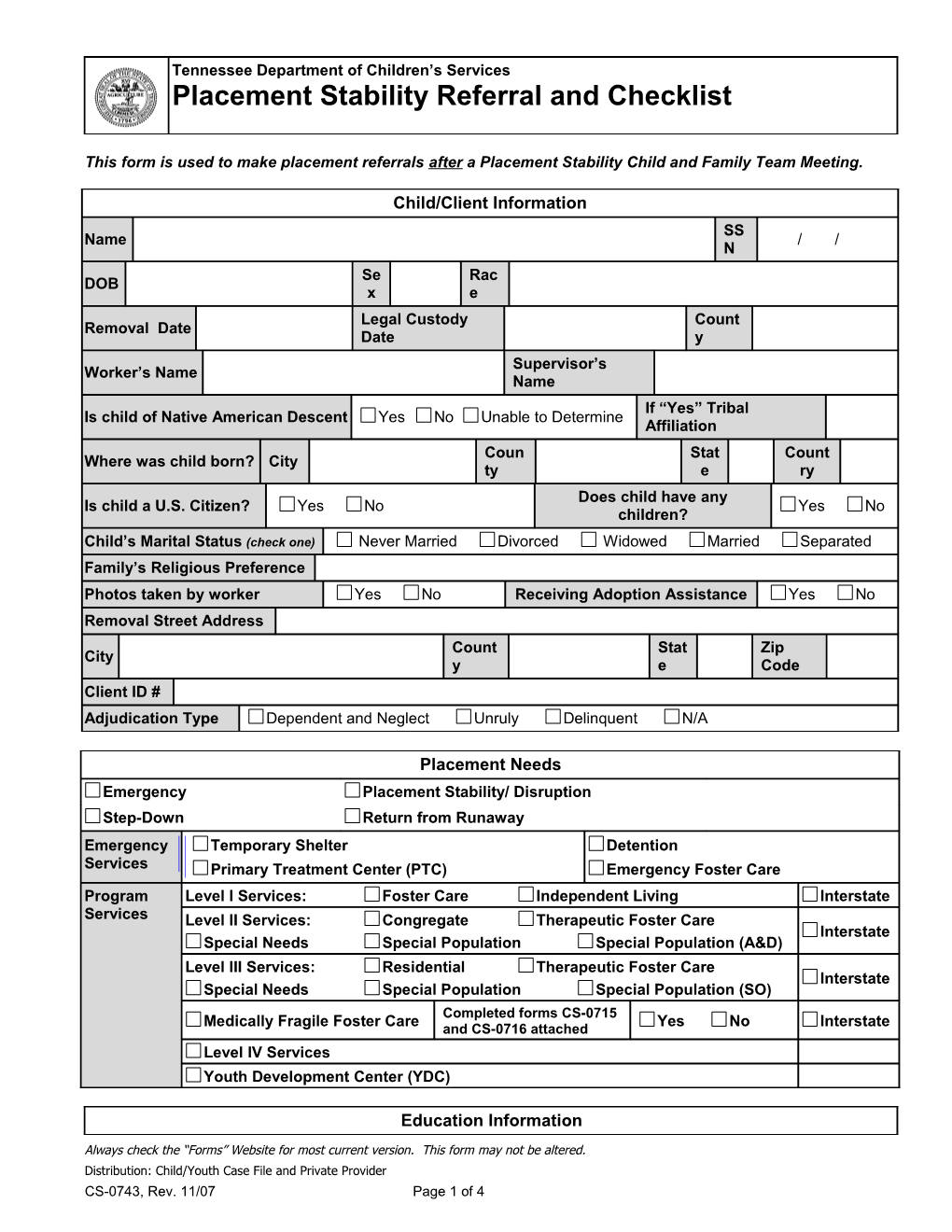 This Form Is Used to Make Placement Referrals After a Placement Stability Child and Family