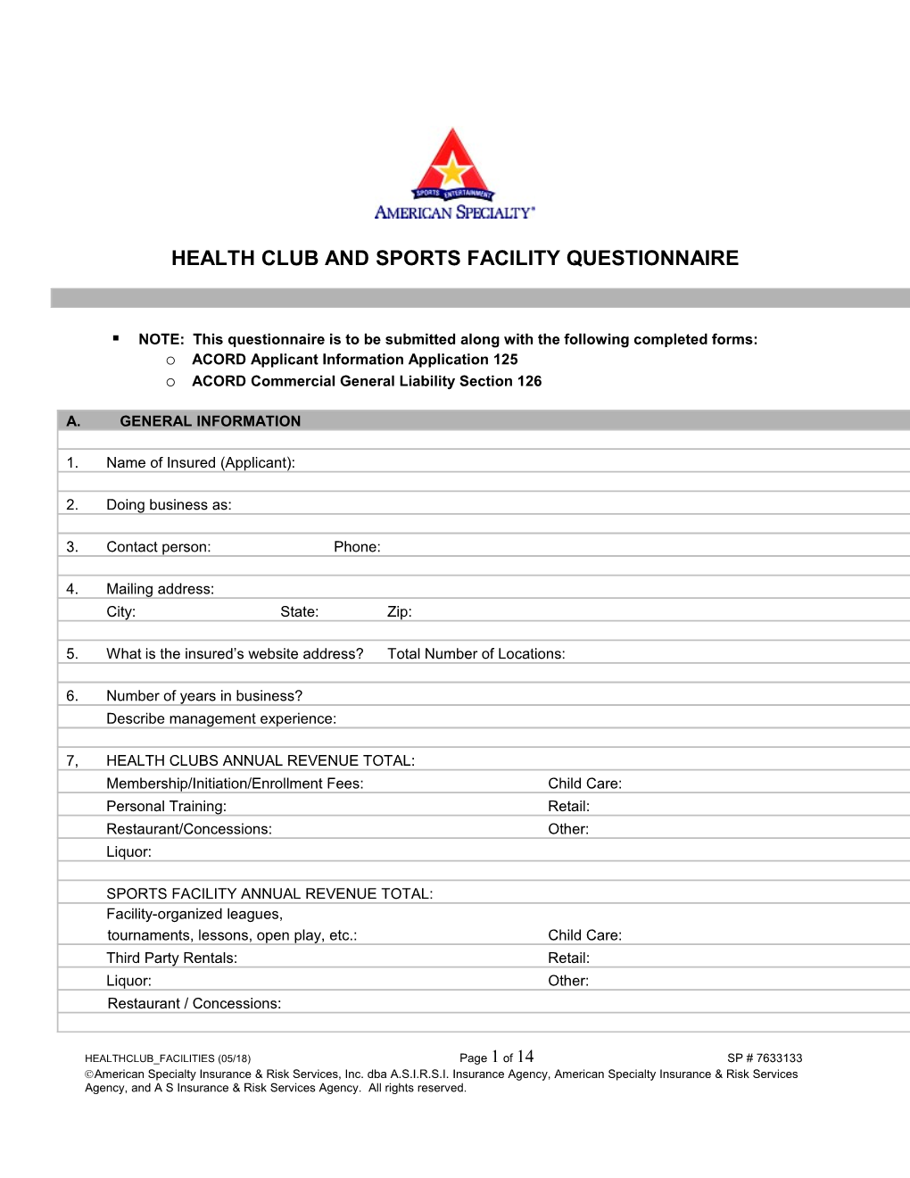 Health Cluband Sports Facility Questionnaire