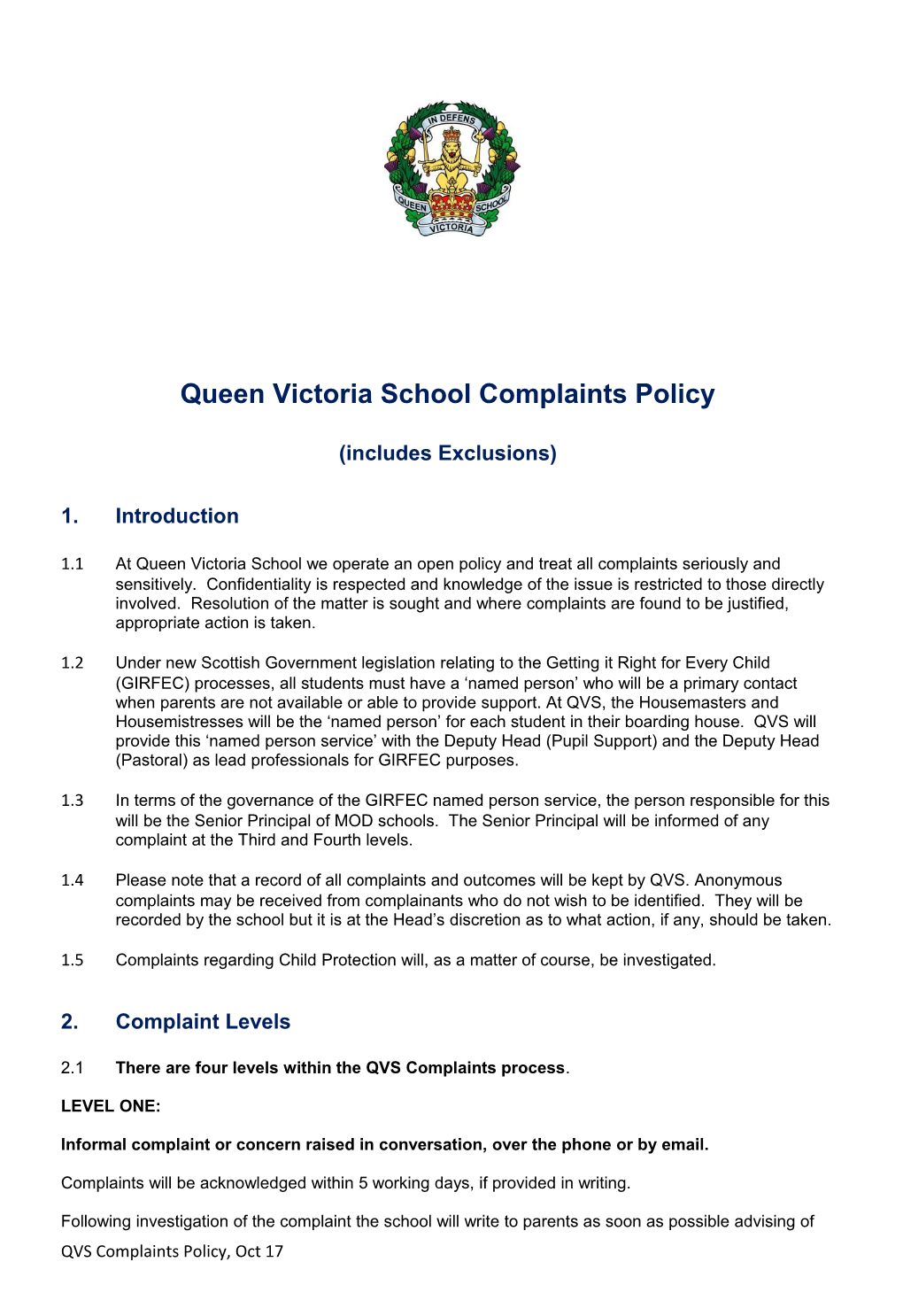 Queen Victoria School Complaints Policy