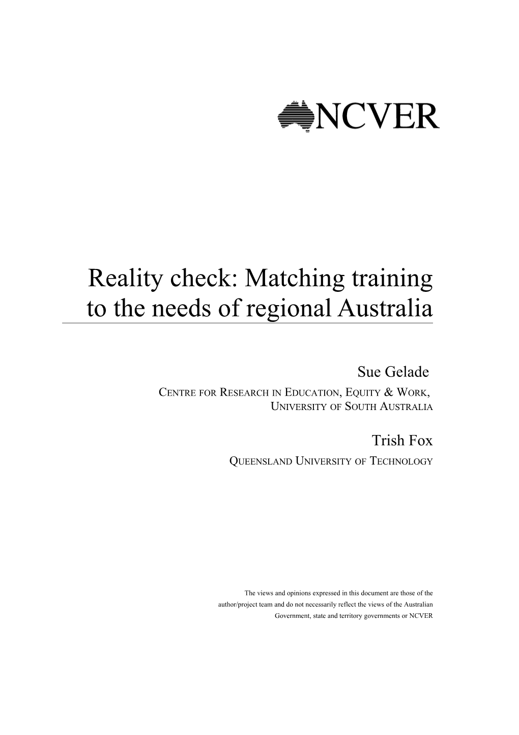 Reality Check: Matching Training to the Needs of Regional Australia