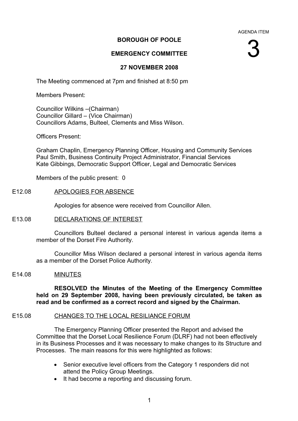 Minutes - Emergency Committee - 27 November 2008