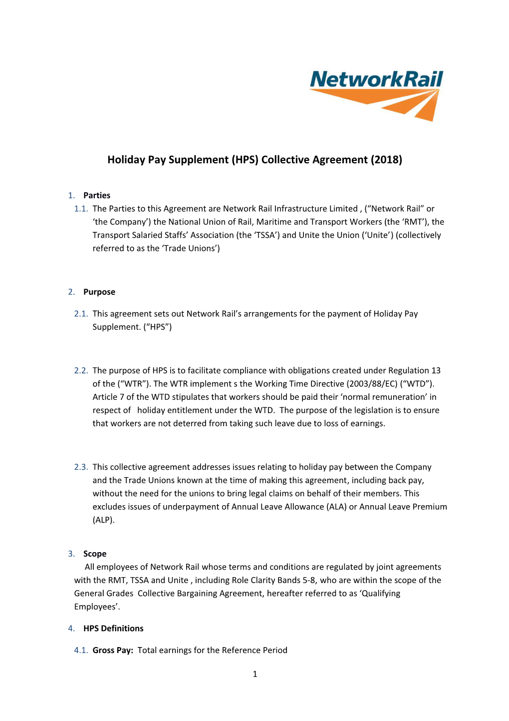 Holiday Pay Supplement (HPS) Collective Agreement (2018)