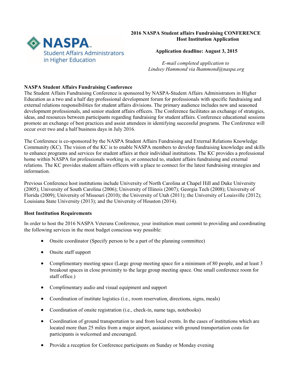 2016 NASPA Student Affairs Fundraising CONFERENCE Host Institution Application
