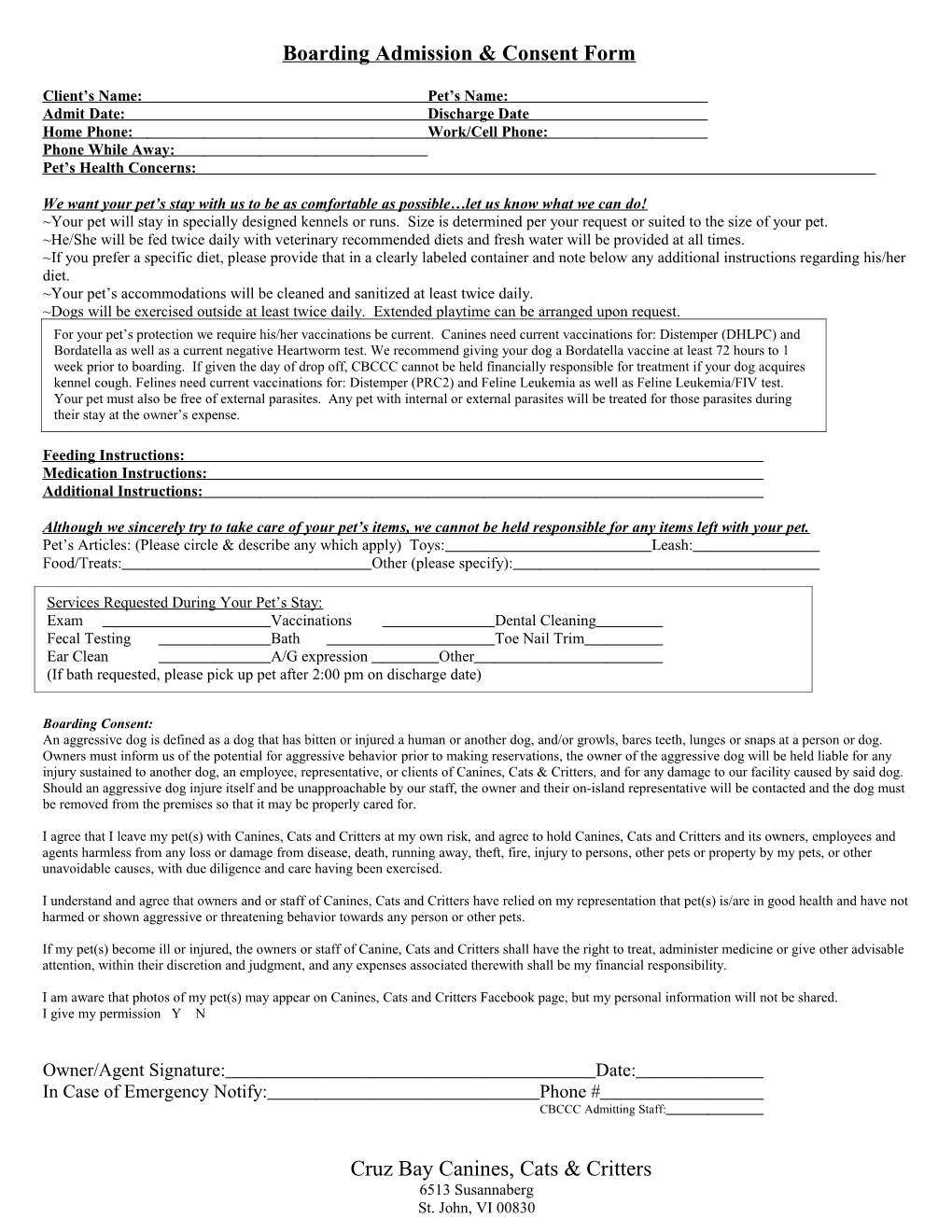 Boarding Admission & Consent Form