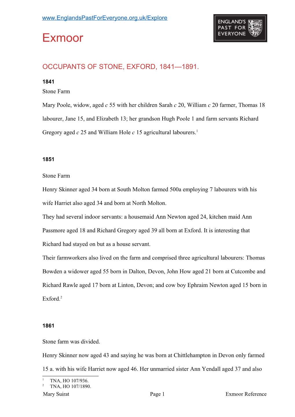 Occupants of Stone, Exford, 1841 1891