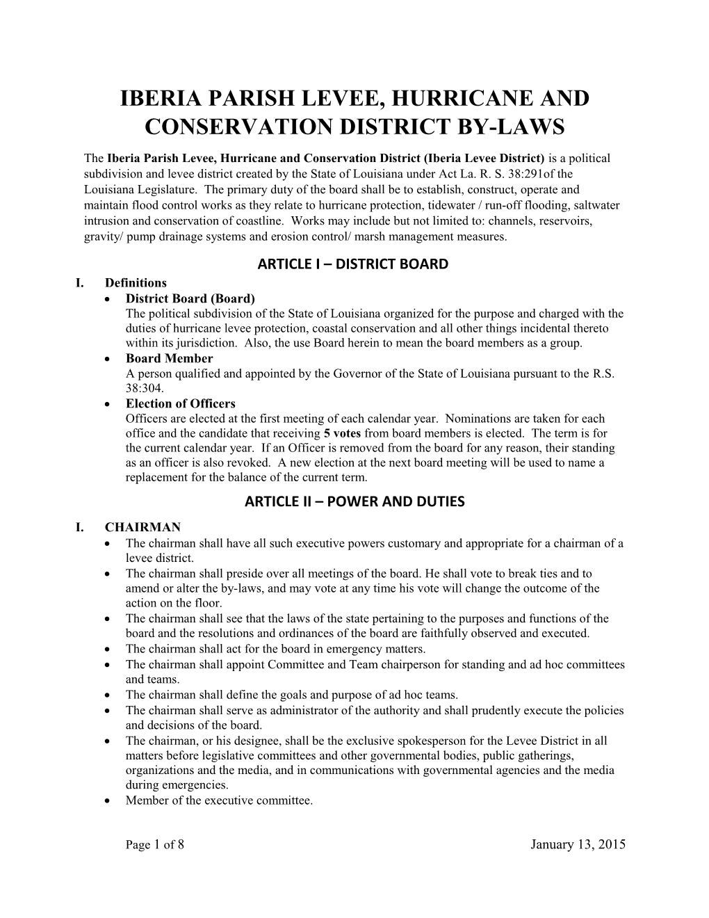 Iberia Parish Levee, Hurricane and Conservation District By-Laws