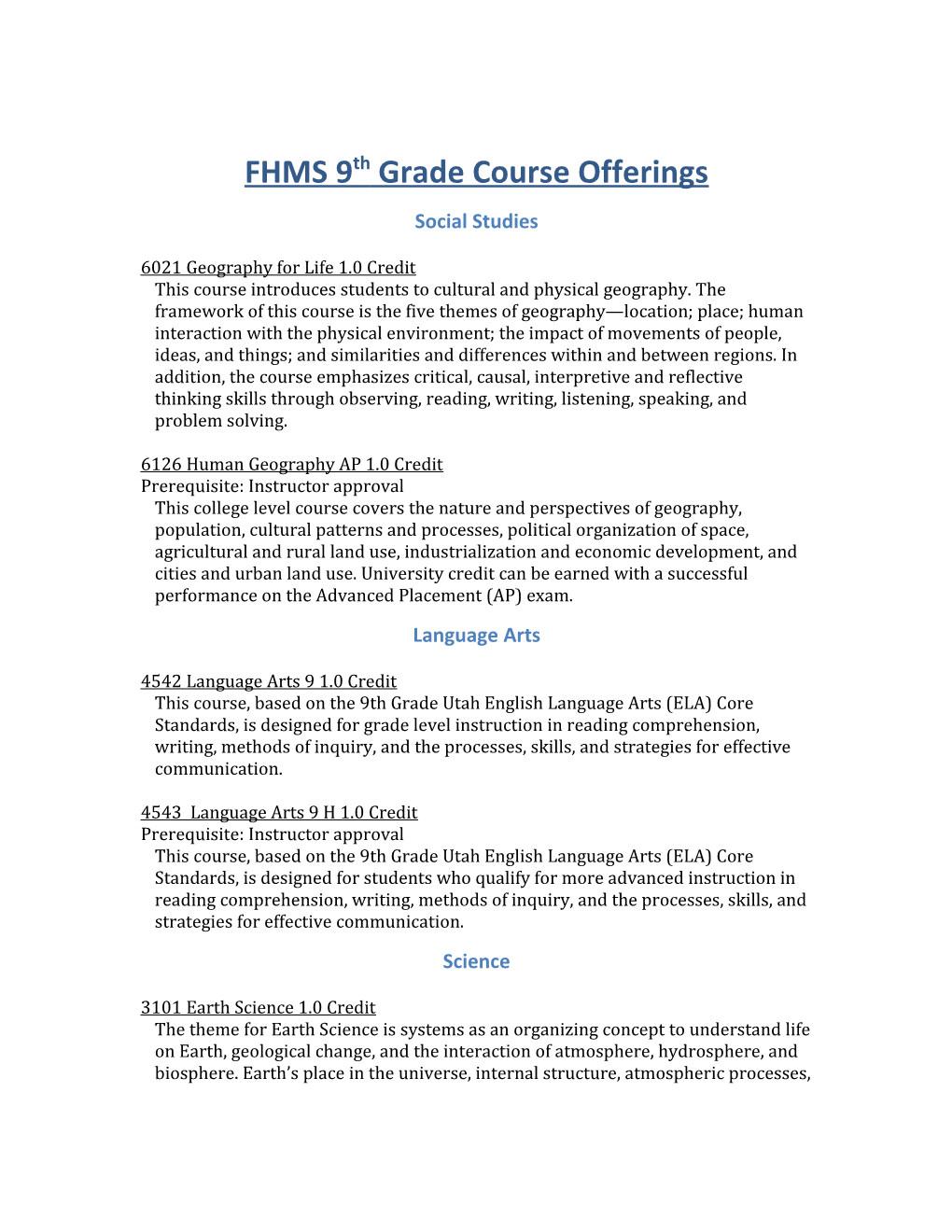 FHMS 9Th Grade Course Offerings