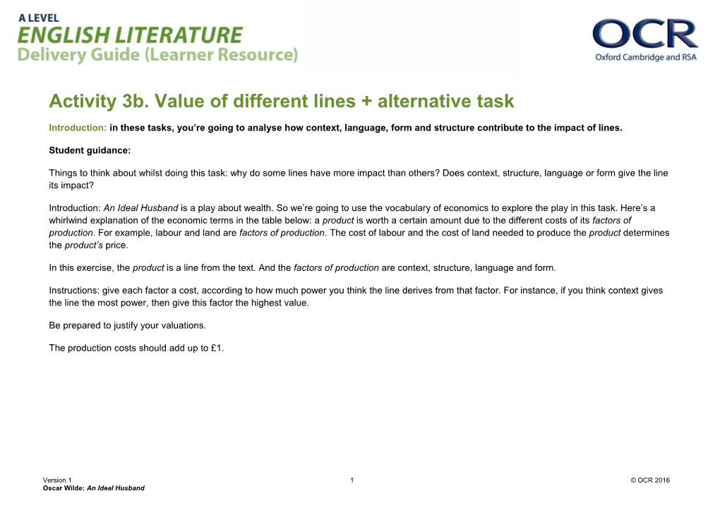 OCR a Level English Literature Delivery Guide Learner Resource Activity 3B - Value of Different