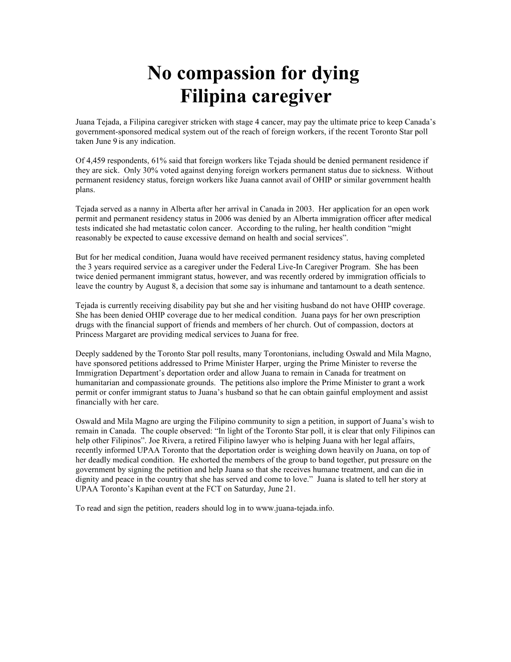 No Compassion for Dying Filipina Caregiver