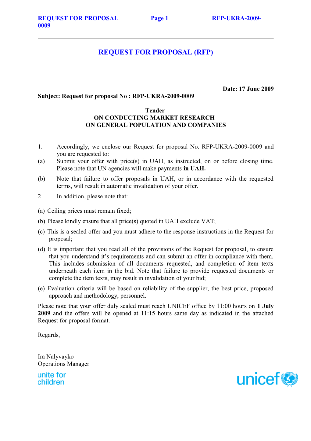 REQUEST for Proposalpage 1 RFP-UKRA-2009-0009