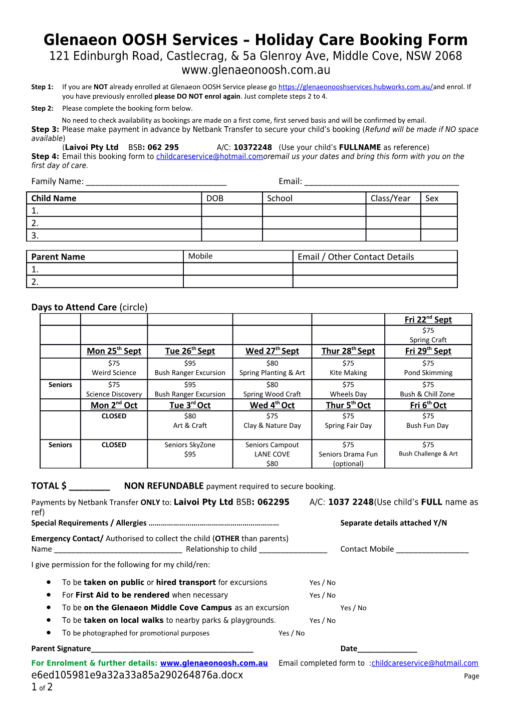 Glenaeon OOSH Services Holiday Care Booking Form