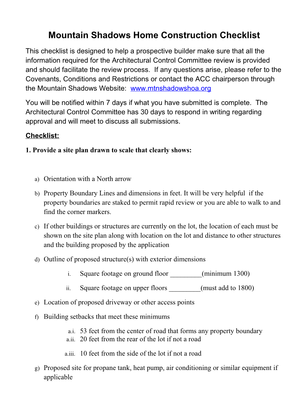 Mountain Shadows Home Construction Checklist