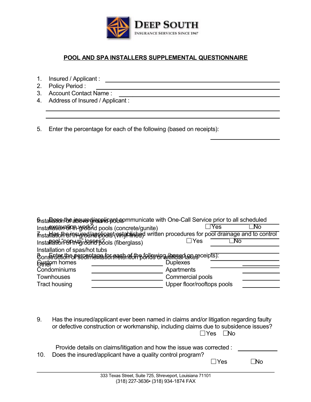 Poolandspa Installers Supplemental Questionnaire