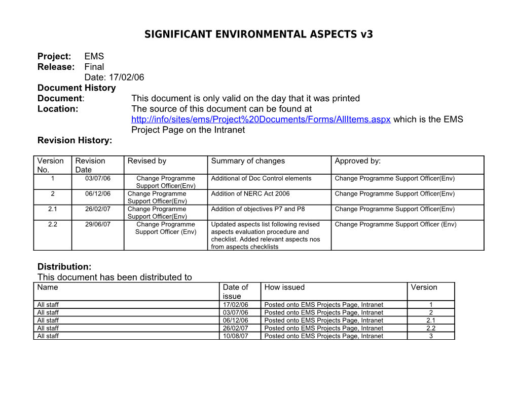 Referring Significant Environmental Aspects to Core Documentation