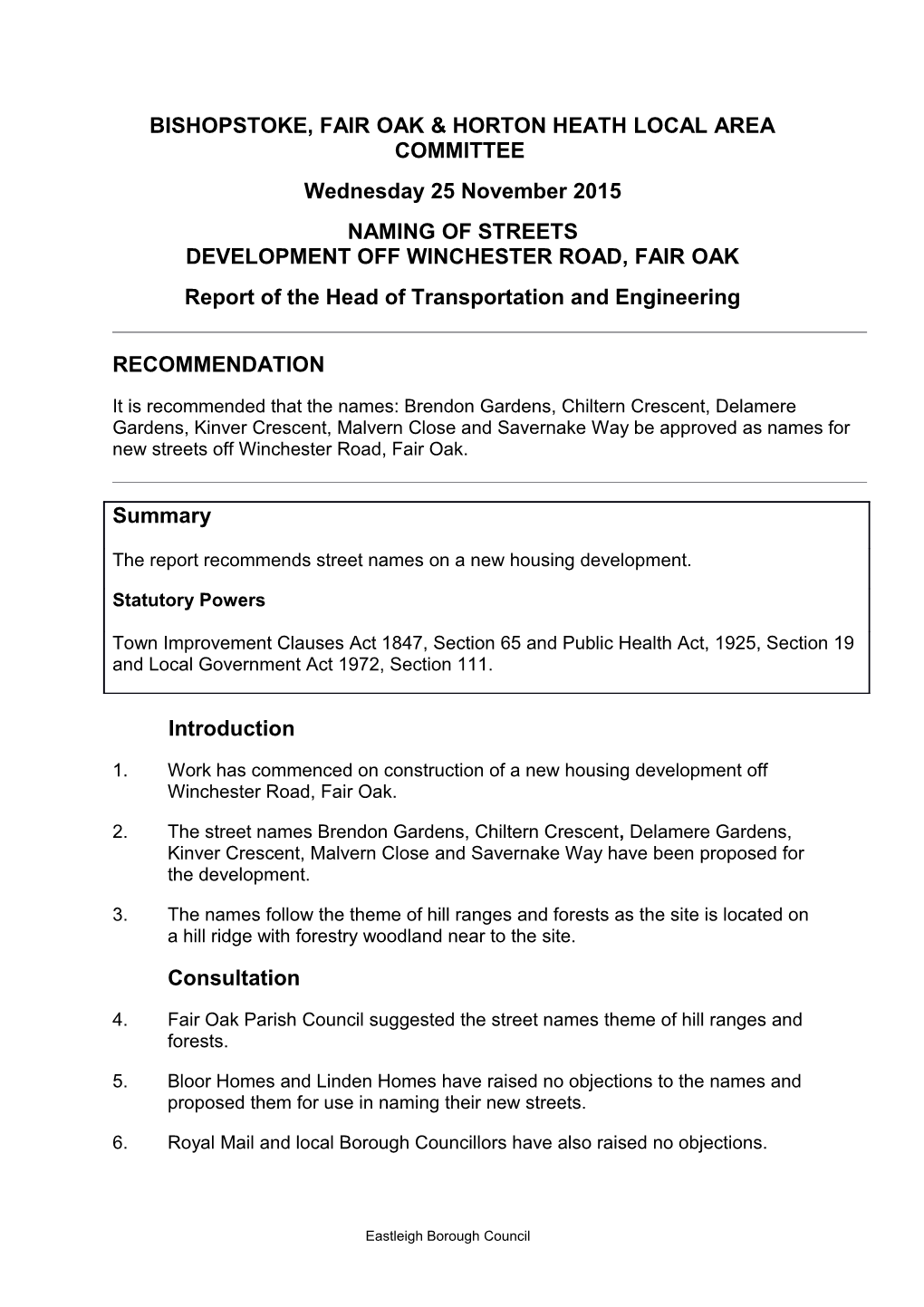 Bishopstoke, Fair Oak & Horton Heath Local Area Committee