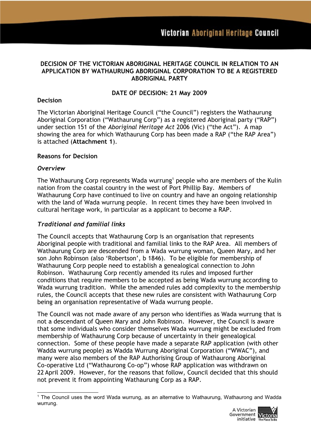 Decision of the Victorian Aboriginal Heritage Council in Relation to an Application By