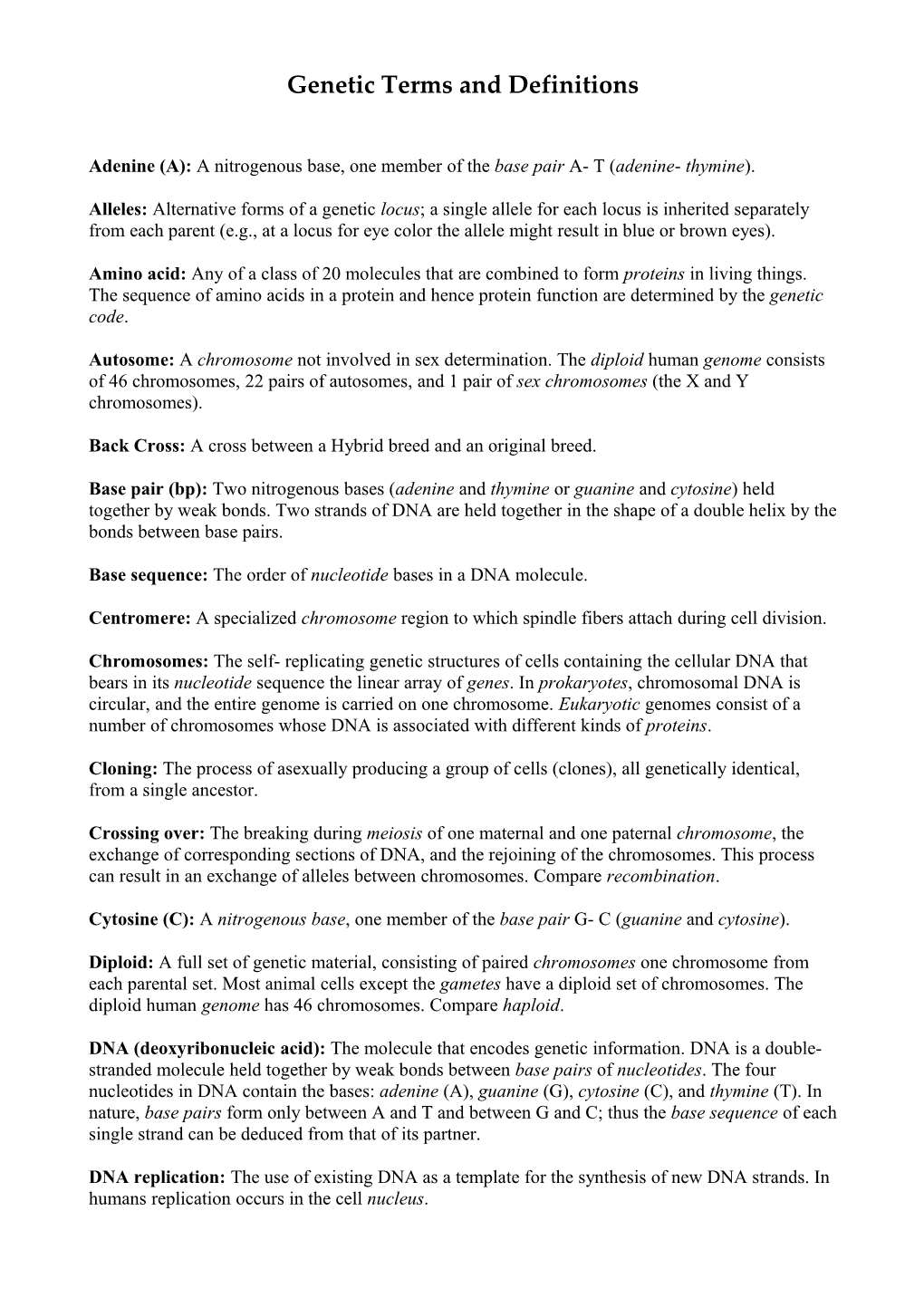 Genetic Terms and Definitions