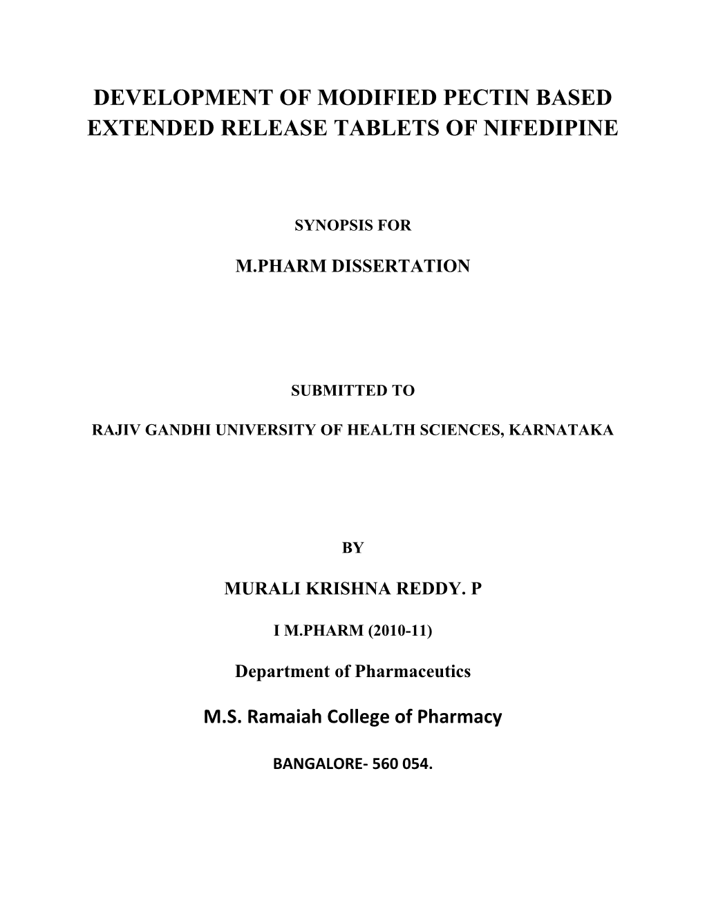 Development of Modified Pectin Based Extended Release Tablets of Nifedipine