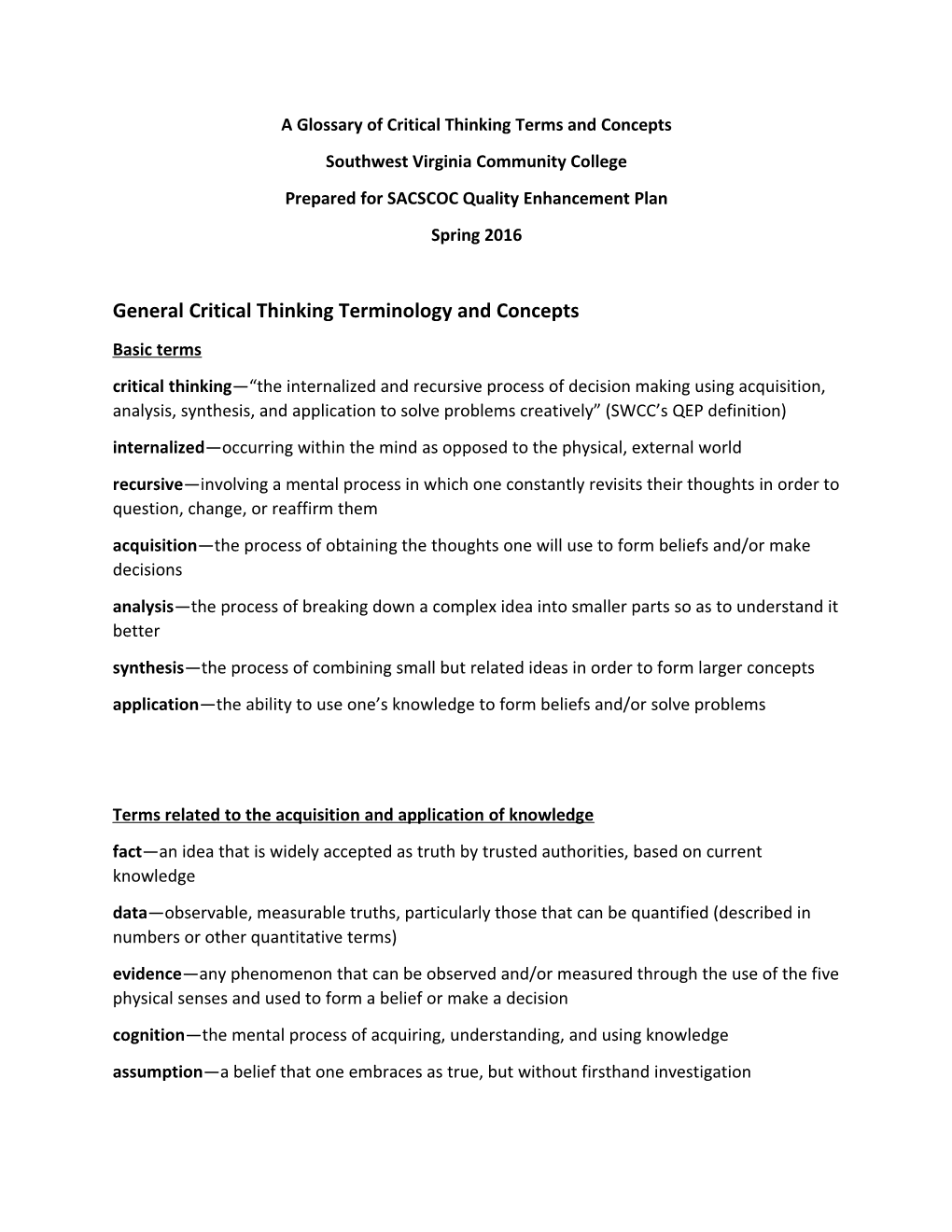 A Glossary of Critical Thinking Terms and Concepts