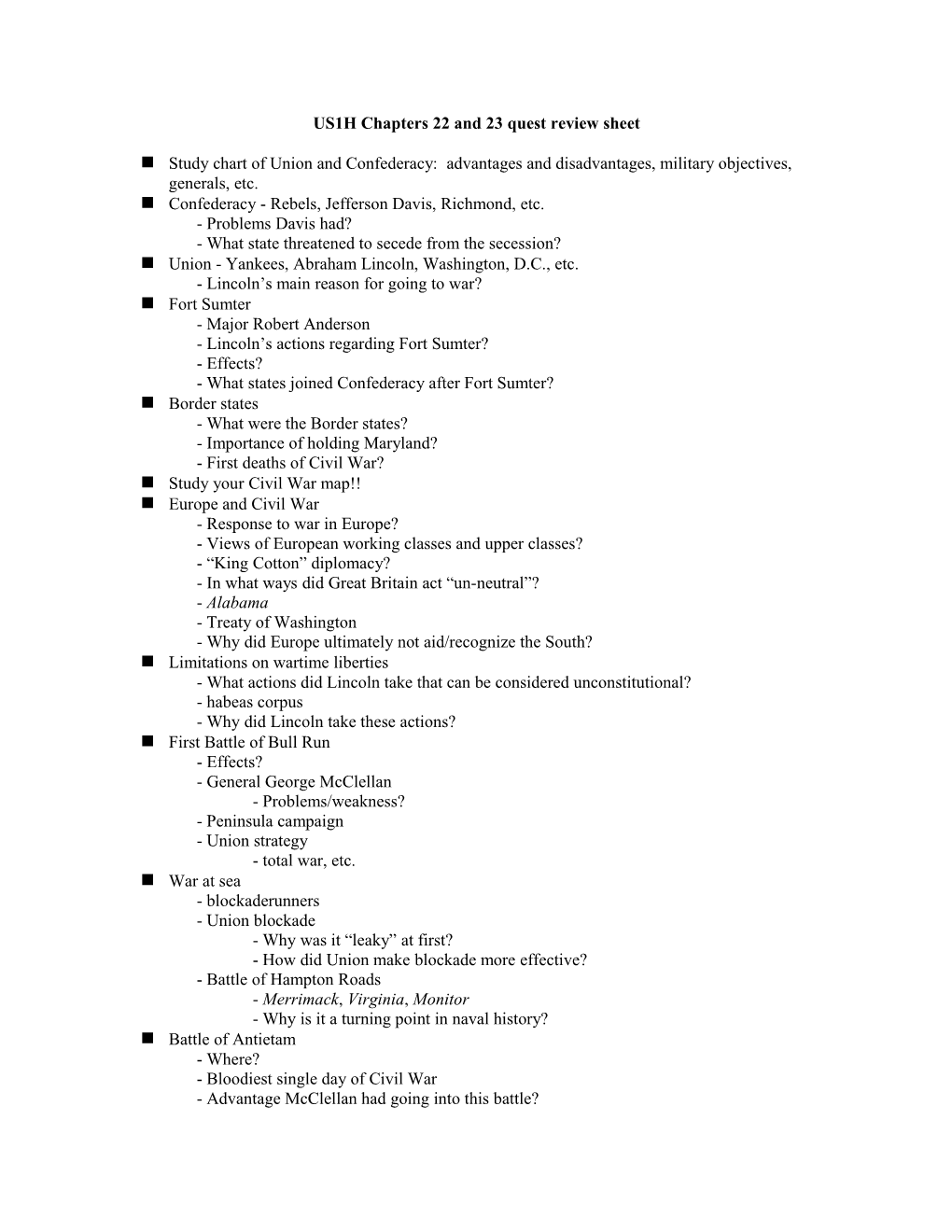 US1H Chapters 22 and 23 Quest Review Sheet