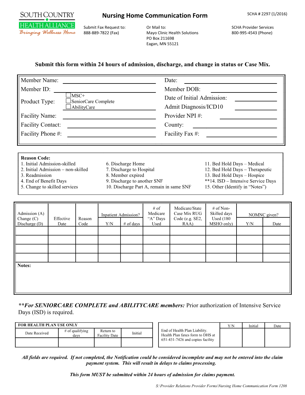 Submit This Form Within 24 Hours of Admission, Discharge, and Change in Status Or Case Mix