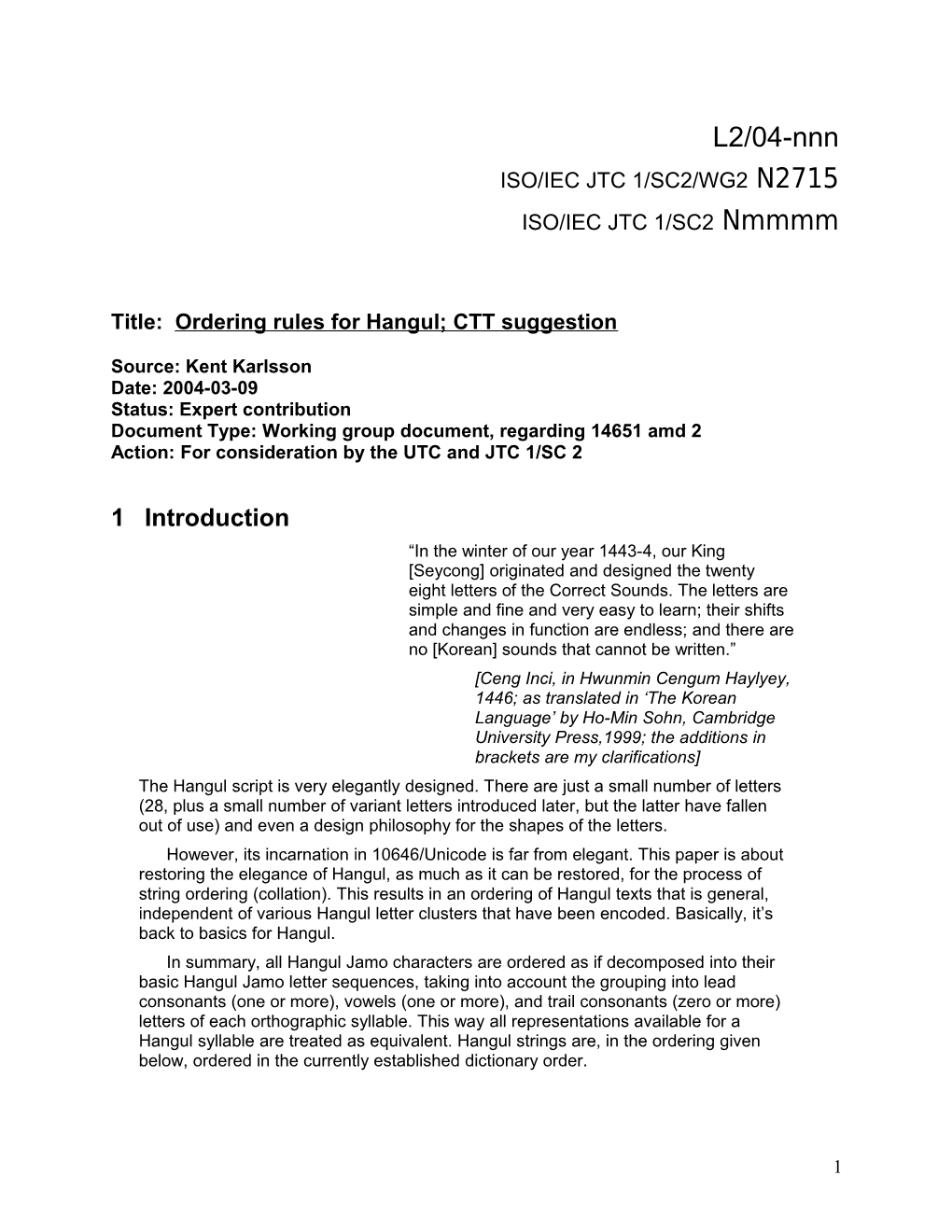 Suggestions for the ISO/IEC 14651 CTT Part for Hangul